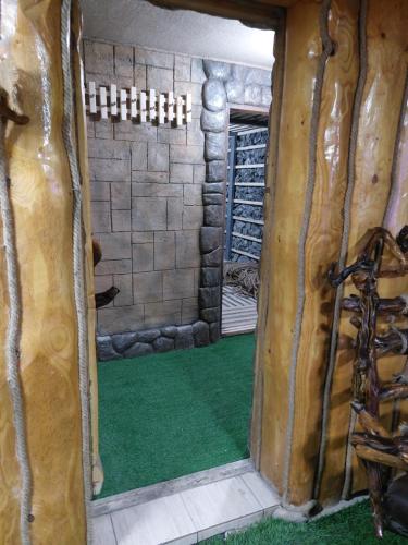 卡拉科尔Кереге-Таш的一间拥有石墙和绿色地毯的客房