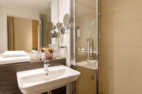凯恩Best Western Royal Hotel Caen的一间带水槽和淋浴的浴室