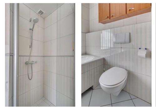 GrubbenvorstHuis Kleur的浴室设有卫生间和淋浴,两幅图片