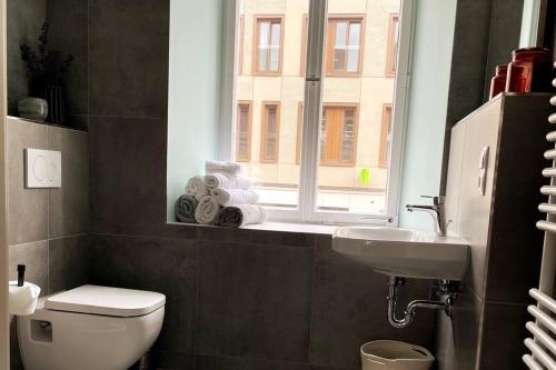 班贝格Penthouse Wohnung in 1A City-Lage in Bamberg的一间带卫生间、水槽和窗户的浴室