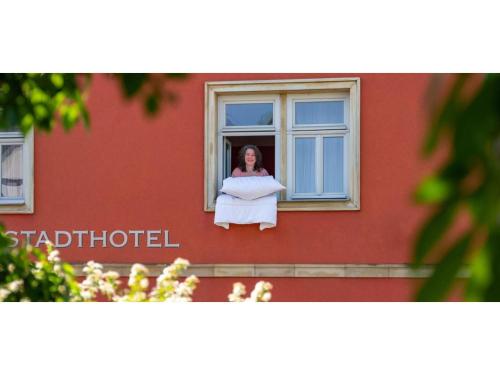 伊普霍芬Biobausewein WEIN HOTEL LEBEN的女人从窗口看出来