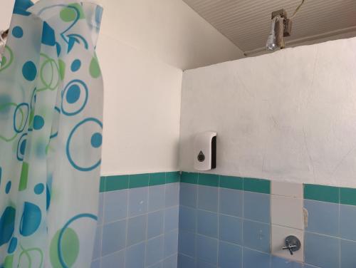 罗索A Jewel of A Chalet的浴室设有蓝色和绿色瓷砖淋浴。