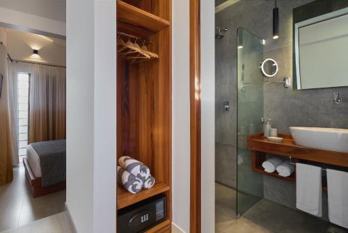 杰里科科拉Villa Nautica Boutique Hotel的一间带水槽和淋浴的浴室