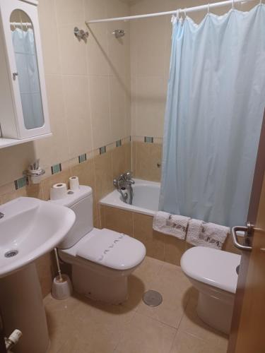 克辛索德利米亚Hotel 2 de mayo 2的浴室配有卫生间、盥洗盆和淋浴。