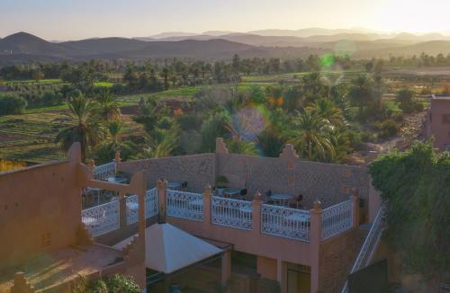 瓦尔扎扎特Riad Tama & spa的享有带阳台和棕榈树的房屋的空中景致