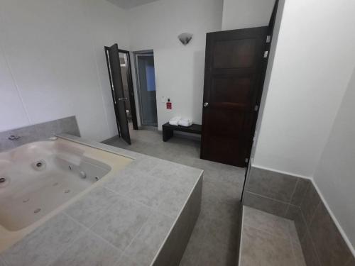 麦德林梅迪特拉内奥酒店的一间带大浴缸和淋浴的浴室