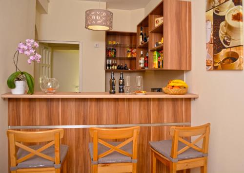韦切什机场格罗塞尔酒店的酒吧配有两把椅子和带瓶子的吧台