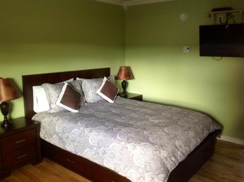 海恩斯章克申帕克赛德酒店的一间卧室配有一张带两盏灯的床和一台电视