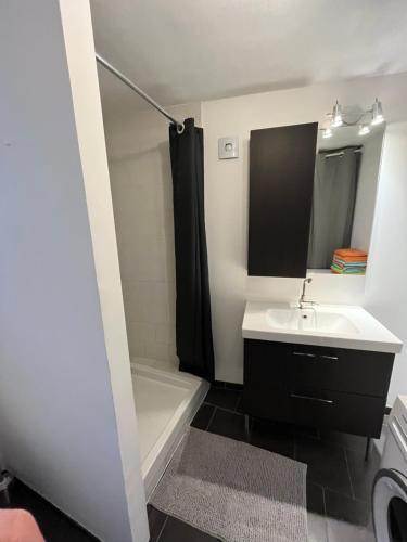圣但尼Chez Polo的浴室配有盥洗盆、浴缸和镜子