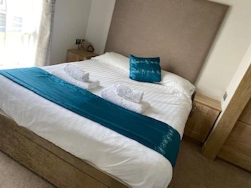 布德Morwenna Lodge的床上有蓝色枕头