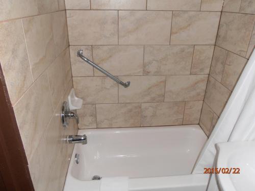 奥里利亚枫树汽车旅馆的带淋浴、浴缸和卫生间的浴室