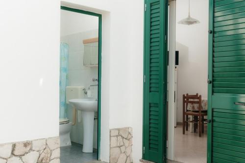 佩斯科勒海滨Pescoluse Houses的浴室设有绿门和水槽