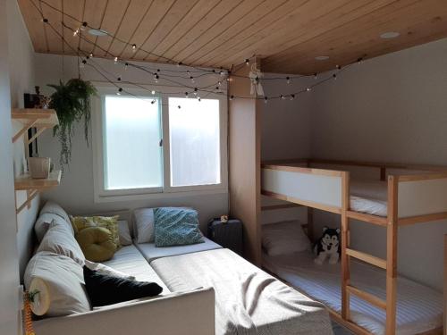 首尔Mapo Rooftop camping house的一间卧室配有双层床和双层床梯子