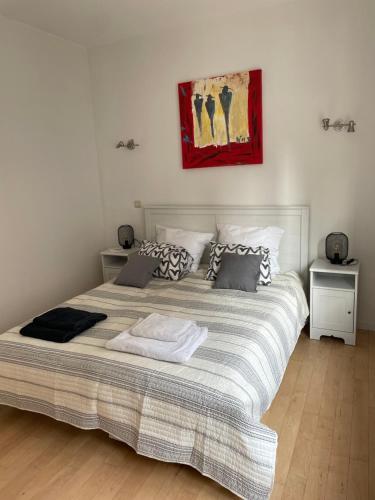 布鲁塞尔Apt 2 chambres au coeur de Uccle的一间卧室配有一张带毯子的大床