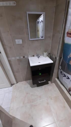 布宜诺斯艾利斯Amplio departamento completo en Caba的一间带水槽和镜子的浴室