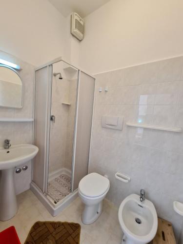 圣乔瓦尼·罗通多B&B Santa Lucia的带淋浴、卫生间和盥洗盆的浴室
