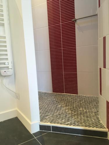 Corcelles-les-ArtsL'Aubergiste的浴室里设有红色门淋浴