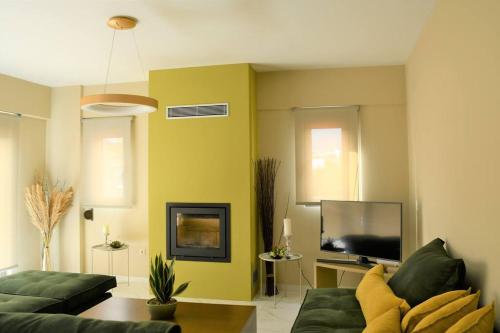 PaianíaSpacious & Minimal Apartment Near Airport Peania Coniann Filoxenia的客厅配有绿色沙发和电视