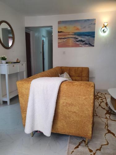 内罗毕Stellar 1-bedroom apartment in Madaraka Estate, Nairobi的客厅里一张带毯子的沙发