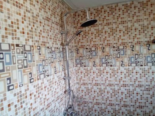 阿比让Lovely 1-Bed duplex house的带淋浴的浴室(带瓷砖墙)