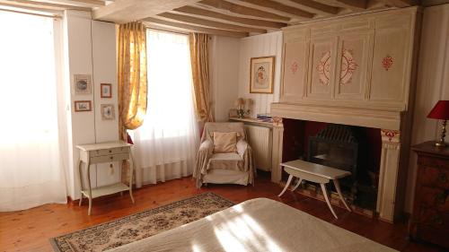 吉维尼A l'Ombre du Tilleul的客厅设有壁炉和椅子