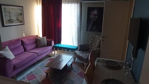 伊兹密尔ŞİRİNYER APART OTEL的客厅配有紫色沙发和窗户