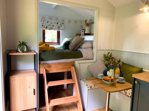 霍尔斯沃西Lilliput - Delightful 1-bedroom shepherd's hut的小房间设有床和镜子