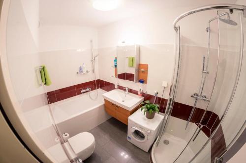 格拉茨Apartment Grazbachgasse的带淋浴、卫生间和盥洗盆的浴室