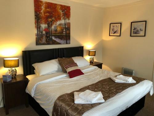 汤顿The Lethbridge Arms的卧室内的一张床位,配有两盏灯和一幅画