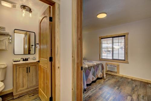 卡斯凯德Alpine Lodge Hotel的一间卧室配有床、水槽和镜子