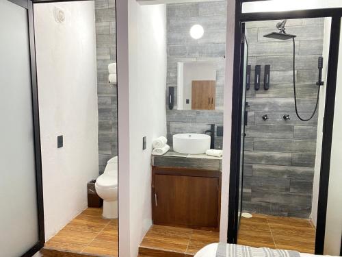 圣克里斯托瓦尔-德拉斯卡萨斯Suites del Barrio的带淋浴、卫生间和盥洗盆的浴室