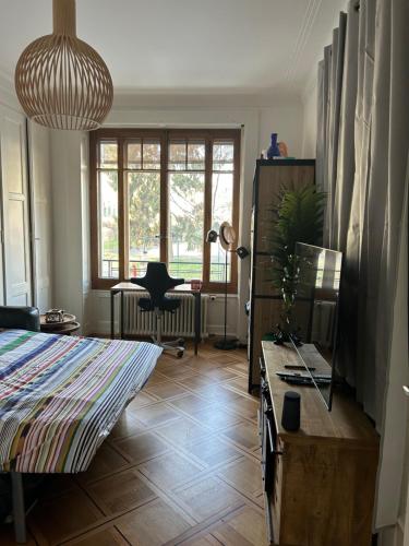 日内瓦Chambre, bedroom - Perle du Lac, Geneva的客房设有一张床、一张桌子和一把椅子。