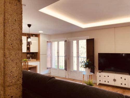 布尔戈斯EL CAPRICHO DEL ARCO_Apartamentos Burgos Catedral的带沙发和平面电视的客厅