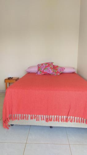 萨尔瓦多Suíte Porto das Dunas的一张带红色毯子和枕头的床