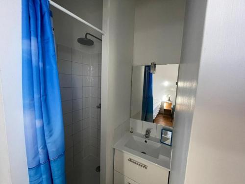 卡布勒通Maison Capbreton, 3 pièces, 4 personnes - FR-1-413-116的浴室设有水槽和蓝色的浴帘