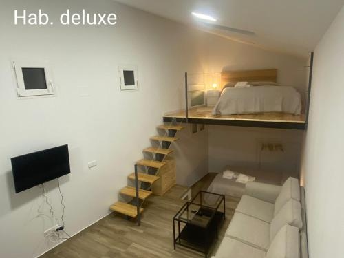 马德里Casa Sergio的一间带高架床的卧室和一间客厅