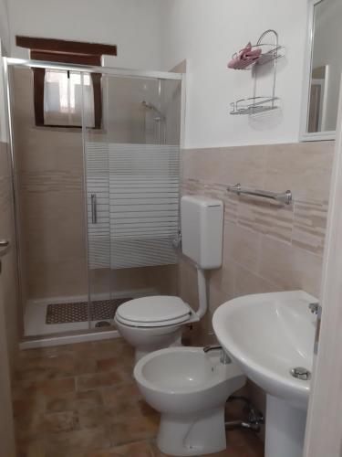 MeggianoAgriturismo Tre Monti的浴室配有卫生间、淋浴和盥洗盆。