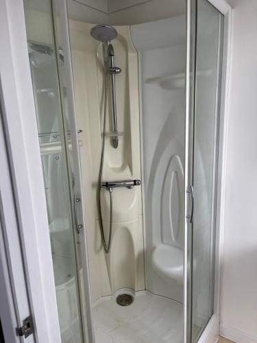 大雅茅斯Yare Quays River View的浴室里设有玻璃门淋浴