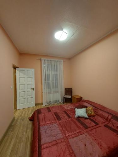 坎达瓦Pils ielas apartamenti的一间卧室配有一张带红色毯子的大床