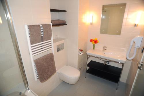 夏蒙尼-勃朗峰兰彻斯酒店的白色的浴室设有卫生间和水槽。