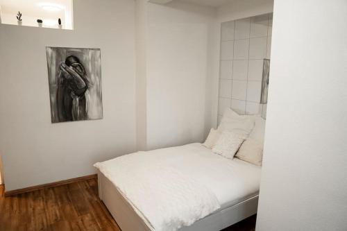 弗雷兴Ferienwohnung in der Nähe von Köln的小卧室配有白色床和壁画
