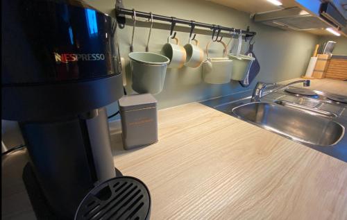 桑讷菲尤尔Leilighet sentralt til Sandefjord og Torp flyplass的厨房配有咖啡壶和水槽