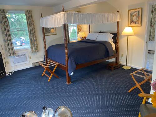 米斯蒂克泰伯酒店的一间卧室配有天蓬床和蓝色地毯