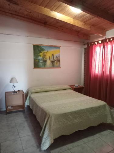 马拉圭El Pasaje的一间卧室配有床和红色窗帘
