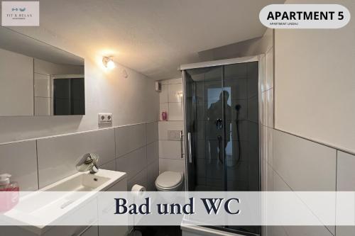 梅尔斯堡Fit-Relax Apartments Meersburg mit eigenem Sportstudio的带淋浴、卫生间和盥洗盆的浴室