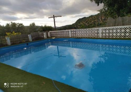 埃尔博斯克Alojamiento Rural Manantial de los Cañitos的一个带围栏的大型蓝色游泳池