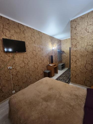 阿拉木图Оазис的一间卧室配有一张床,墙上配有电视