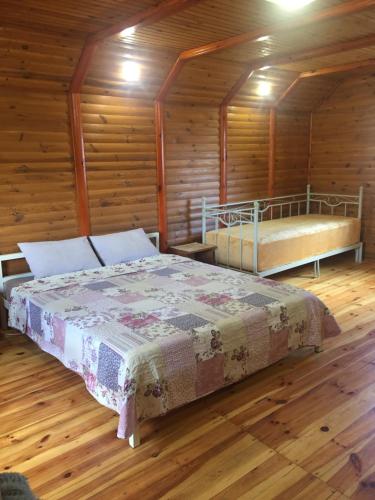 切尔卡瑟Домик для отдыха рядом Днепр的小木屋内一间卧室,配有两张床