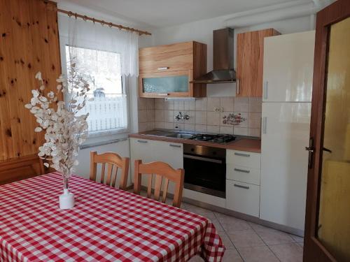 博维茨Apartment Vida的厨房配有一张桌子和红白的桌布