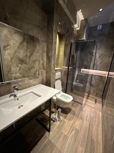 Kukës加里卡酒店的一间带水槽、淋浴和卫生间的浴室